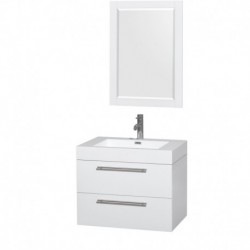 30 inch Single Bathroom Vanity in Glossy White, Acrylic Resin Countertop, Integrated Sink, and 24 inch Mirror