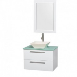 30 inch Single Bathroom Vanity in Glossy White, Green Glass Countertop, Pyra Bone Porcelain Sink, and 24 inch Mirror