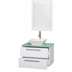 30 inch Single Bathroom Vanity in Glossy White, Green Glass Countertop, Pyra Bone Porcelain Sink, and 24 inch Mirror
