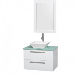 30 inch Single Bathroom Vanity in Glossy White, Green Glass Countertop, Pyra White Sink, and 24 inch Mirror