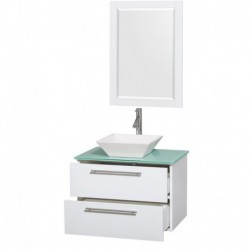 30 inch Single Bathroom Vanity in Glossy White, Green Glass Countertop, Pyra White Sink, and 24 inch Mirror