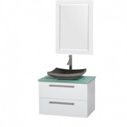30 inch Single Bathroom Vanity in Glossy White, Green Glass Countertop, Altair Black Granite Sink, and 24 inch Mirror