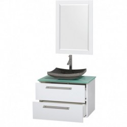 30 inch Single Bathroom Vanity in Glossy White, Green Glass Countertop, Altair Black Granite Sink, and 24 inch Mirror