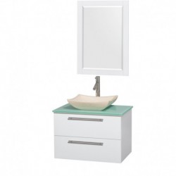 30 inch Single Bathroom Vanity in Glossy White, Green Glass Countertop, Avalon Ivory Marble Sink, and 24 inch Mirror