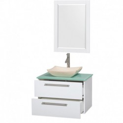 30 inch Single Bathroom Vanity in Glossy White, Green Glass Countertop, Avalon Ivory Marble Sink, and 24 inch Mirror