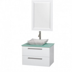 30 inch Single Bathroom Vanity in Glossy White, Green Glass Countertop, Avalon White Carrera Marble Sink, and 24 inch Mirror