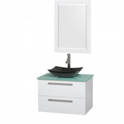 30 inch Single Bathroom Vanity in Glossy White, Green Glass Countertop, Arista Black Granite Sink, and 24 inch Mirror