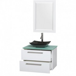 30 inch Single Bathroom Vanity in Glossy White, Green Glass Countertop, Arista Black Granite Sink, and 24 inch Mirror