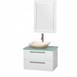 30 inch Single Bathroom Vanity in Glossy White, Green Glass Countertop, Arista Ivory Marble Sink, and 24 inch Mirror