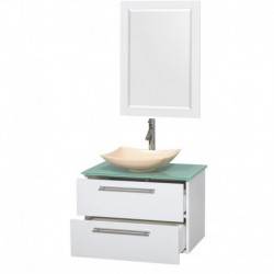 30 inch Single Bathroom Vanity in Glossy White, Green Glass Countertop, Arista Ivory Marble Sink, and 24 inch Mirror