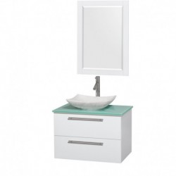 30 inch Single Bathroom Vanity in Glossy White, Green Glass Countertop, Arista White Carrera Marble Sink, and 24 inch Mirror