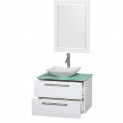 30 inch Single Bathroom Vanity in Glossy White, Green Glass Countertop, Arista White Carrera Marble Sink, and 24 inch Mirror