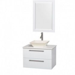 30 inch Single Bathroom Vanity in Glossy White, White Man-Made Stone Countertop, Pyra Bone Porcelain Sink, and 24 inch Mirror