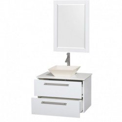 30 inch Single Bathroom Vanity in Glossy White, White Man-Made Stone Countertop, Pyra Bone Porcelain Sink, and 24 inch Mirror
