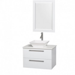30 inch Single Bathroom Vanity in Glossy White, White Man-Made Stone Countertop, Pyra White Sink, and 24 inch Mirror