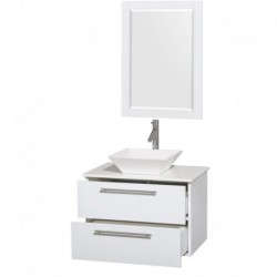 30 inch Single Bathroom Vanity in Glossy White, White Man-Made Stone Countertop, Pyra White Sink, and 24 inch Mirror