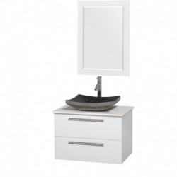 30 inch Single Bathroom Vanity in Glossy White, White Man-Made Stone Countertop, Altair Black Granite Sink, and 24 inch Mirror