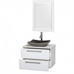 30 inch Single Bathroom Vanity in Glossy White, White Man-Made Stone Countertop, Altair Black Granite Sink, and 24 inch Mirror