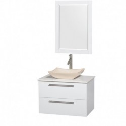 30 inch Single Bathroom Vanity in Glossy White, White Man-Made Stone Countertop, Avalon Ivory Marble Sink, and 24 inch Mirror