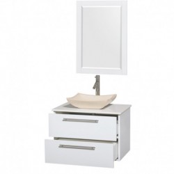 30 inch Single Bathroom Vanity in Glossy White, White Man-Made Stone Countertop, Avalon Ivory Marble Sink, and 24 inch Mirror