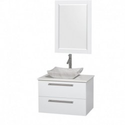 30 inch Single Bathroom Vanity in Glossy White, White Man-Made Stone Countertop, Avalon White Carrera Marble Sink, and 24 inch