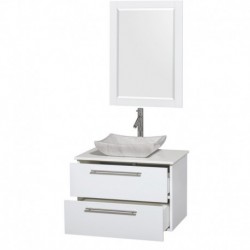 30 inch Single Bathroom Vanity in Glossy White, White Man-Made Stone Countertop, Avalon White Carrera Marble Sink, and 24 inch