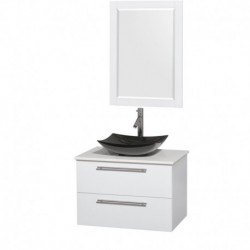 30 inch Single Bathroom Vanity in Glossy White, White Man-Made Stone Countertop, Arista Black Granite Sink, and 24 inch Mirror