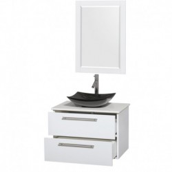 30 inch Single Bathroom Vanity in Glossy White, White Man-Made Stone Countertop, Arista Black Granite Sink, and 24 inch Mirror