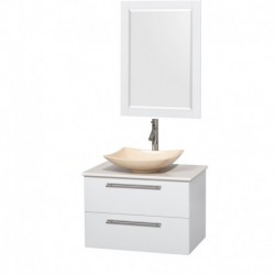 30 inch Single Bathroom Vanity in Glossy White, White Man-Made Stone Countertop, Arista Ivory Marble Sink, and 24 inch Mirror