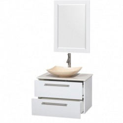 30 inch Single Bathroom Vanity in Glossy White, White Man-Made Stone Countertop, Arista Ivory Marble Sink, and 24 inch Mirror