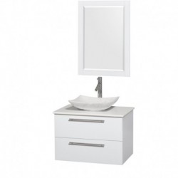30 inch Single Bathroom Vanity in Glossy White, White Man-Made Stone Countertop, Arista White Carrera Marble Sink, and 24 inch