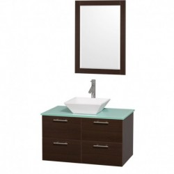 36 inch Single Bathroom Vanity in Espresso with Green Glass Top with White Porcelain Sink, and 24 inch Mirror