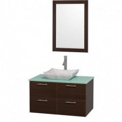 36 inch Single Bathroom Vanity in Espresso with Green Glass Top with Carrera Marble Sink, and 24 inch Mirror