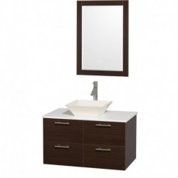 36 inch Single Bathroom Vanity in Espresso with White Man-Made Stone Top with Bone Porcelain Sink, and 24 inch Mirror
