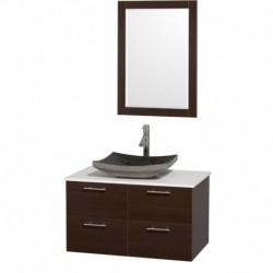 36 inch Single Bathroom Vanity in Espresso with White Man-Made Stone Top with Black Granite Sink, and 24 inch Mirror