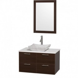 36 inch Single Bathroom Vanity in Espresso with White Man-Made Stone Top with Carrera Marble Sink, and 24 inch Mirror
