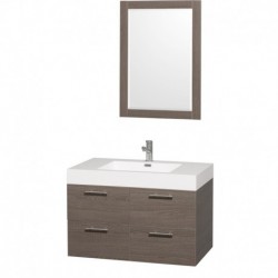 36 inch Single Bathroom Vanity in Gray Oak with Acrylic Resin Top, Integrated Sink, and 24 inch Mirror