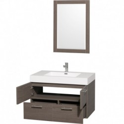 36 inch Single Bathroom Vanity in Gray Oak with Acrylic Resin Top, Integrated Sink, and 24 inch Mirror