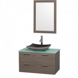 36 inch Single Bathroom Vanity in Gray Oak with Green Glass Top with Black Granite Sink, and 24 inch Mirror