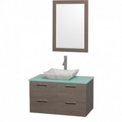 36 inch Single Bathroom Vanity in Gray Oak with Green Glass Top with Carrera Marble Sink, and 24 inch Mirror