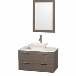 36 inch Single Bathroom Vanity in Gray Oak with White Man-Made Stone Top with Bone Porcelain Sink, and 24 inch Mirror