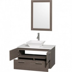 36 inch Single Bathroom Vanity in Gray Oak with White Man-Made Stone Top with White Porcelain Sink, and 24 inch Mirror