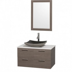 36 inch Single Bathroom Vanity in Gray Oak with White Man-Made Stone Top with Black Granite Sink, and 24 inch Mirror