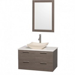 36 inch Single Bathroom Vanity in Gray Oak with White Man-Made Stone Top with Ivory Marble Sink, and 24 inch Mirror
