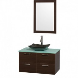 36 inch Single Bathroom Vanity in Espresso, Green Glass Countertop, Arista Black Granite Sink, and 24 inch Mirror