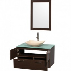 36 inch Single Bathroom Vanity in Espresso, Green Glass Countertop, Arista Ivory Marble Sink, and 24 inch Mirror
