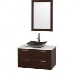 36 inch Single Bathroom Vanity in Espresso, White Man-Made Stone Countertop, Arista Black Granite Sink, and 24 inch Mirror