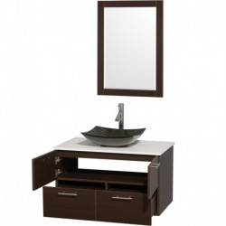 36 inch Single Bathroom Vanity in Espresso, White Man-Made Stone Countertop, Arista Black Granite Sink, and 24 inch Mirror
