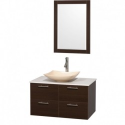 36 inch Single Bathroom Vanity in Espresso, White Man-Made Stone Countertop, Arista Ivory Marble Sink, and 24 inch Mirror