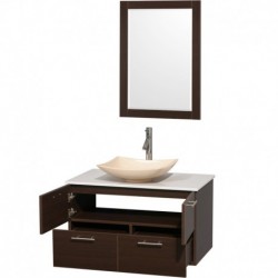 36 inch Single Bathroom Vanity in Espresso, White Man-Made Stone Countertop, Arista Ivory Marble Sink, and 24 inch Mirror